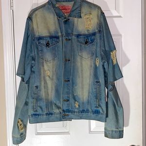 Large denim blue Jean jacket, custom made cuts on jacket